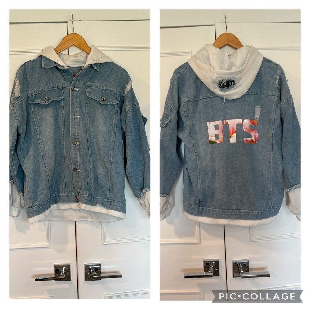 BTS Bangton Boys Unisex Denim Distressed Hooded Jacket  with Patches Size Medium